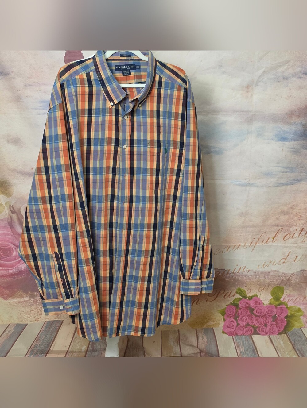 U.S. Polo Assn. Orange and Blue Plaid Button-Down Shirt Sz 4XLT